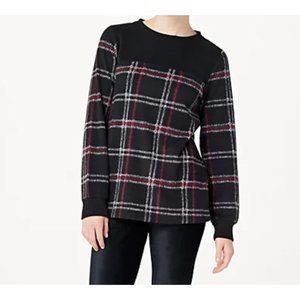 Cuddl Duds Fleece wear Stretch Crewneck Pull Over Black Stitch Plaid Size Small